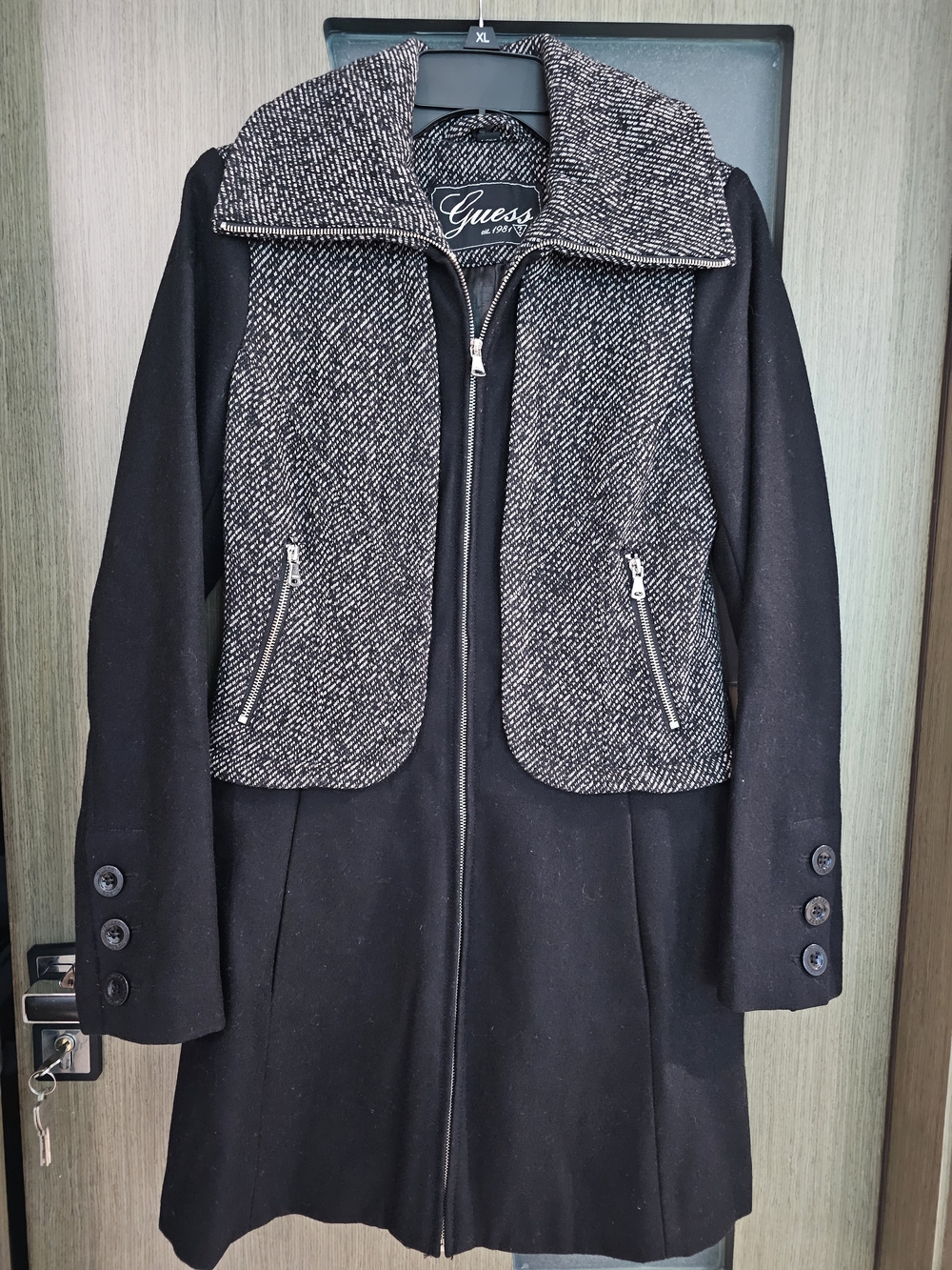 Guess Women’s Black Wool-Blend Coat with Gray Tweed Detail Size S